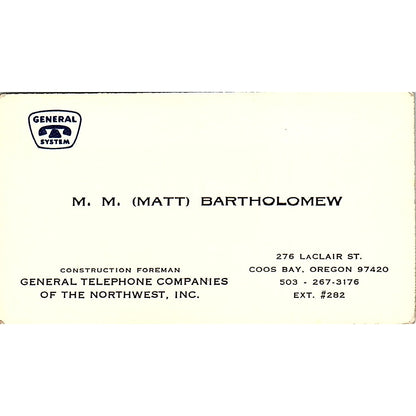 M.M Matt Bartholomew General Telephone Coos Bay OR Vintage Business Card SC9-B13