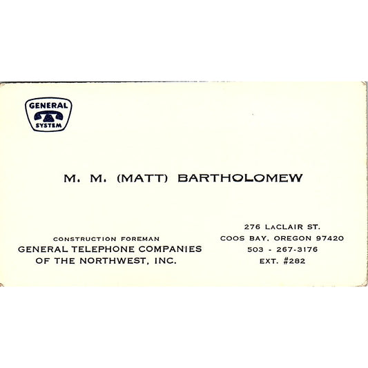 M.M Matt Bartholomew General Telephone Coos Bay OR Vintage Business Card SC9-B13