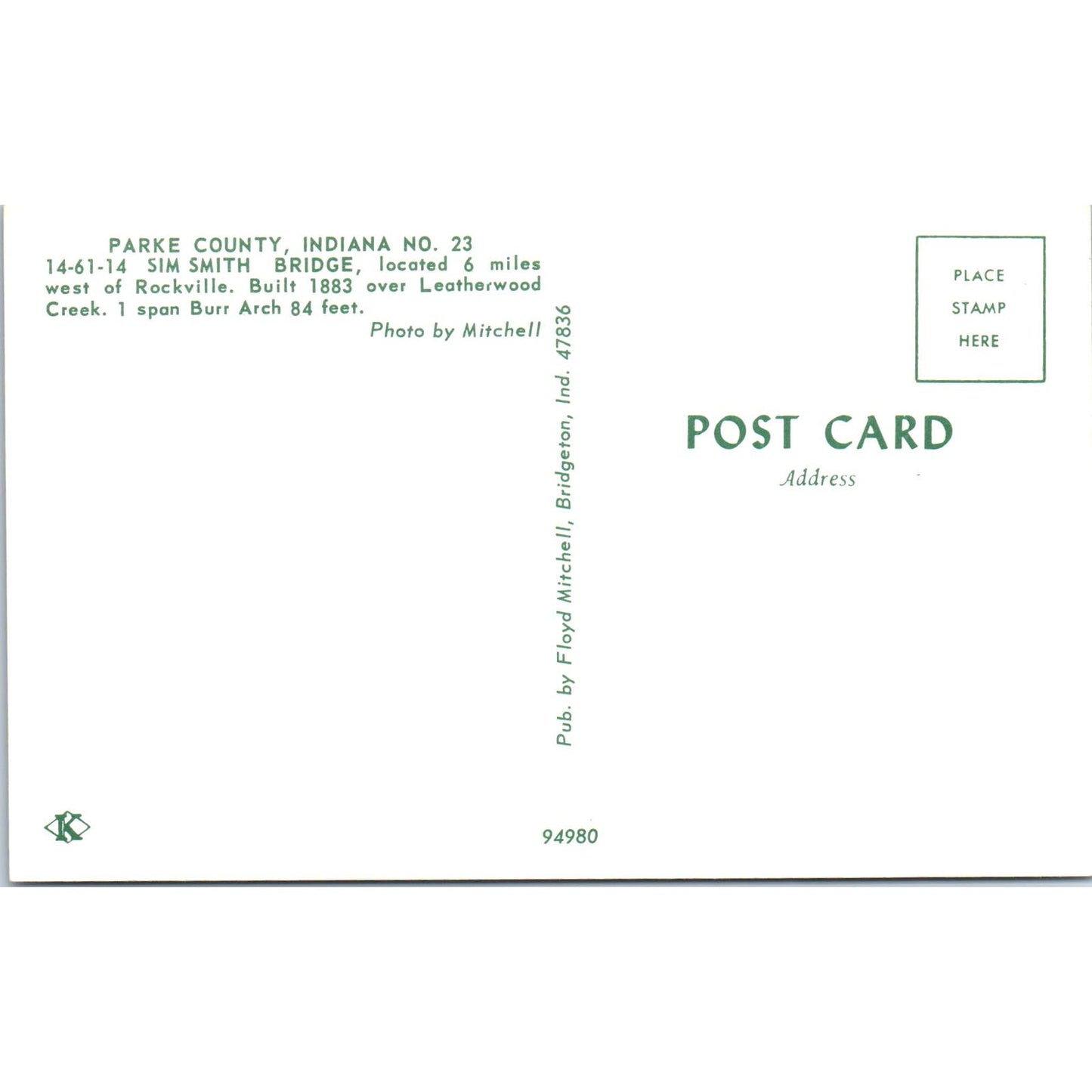 Sim Smith Bridge Parke County 23 IN Vintage Covered Bridge Postcard PD6