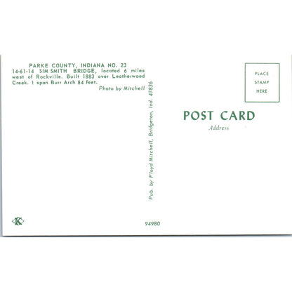 Sim Smith Bridge Parke County 23 IN Vintage Covered Bridge Postcard PD6