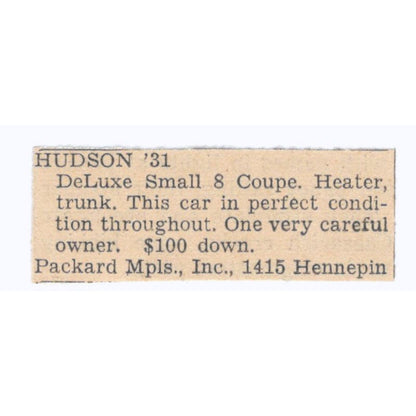 Packard Minneapolis '31 Hudson Auto Sales 1935 Newspaper Advertisement AE7-H3