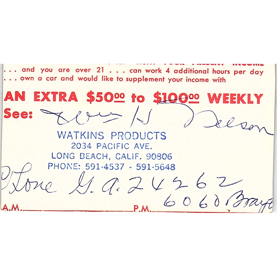 Watkins Products Long Beach Vintage Business Card SD9-B11