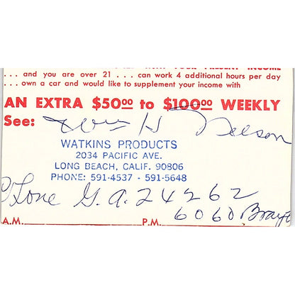 Watkins Products Long Beach Vintage Business Card SD9-B11