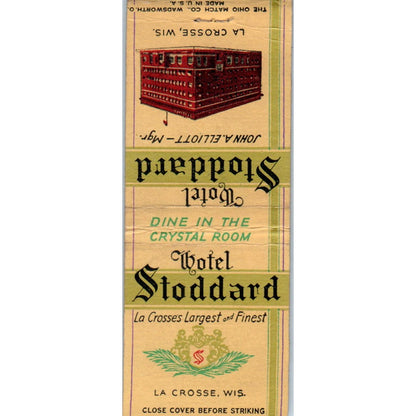 Hotel Stoddard John A. Elliott La Crosse WI Vintage Matchbook Cover SD4-Y2