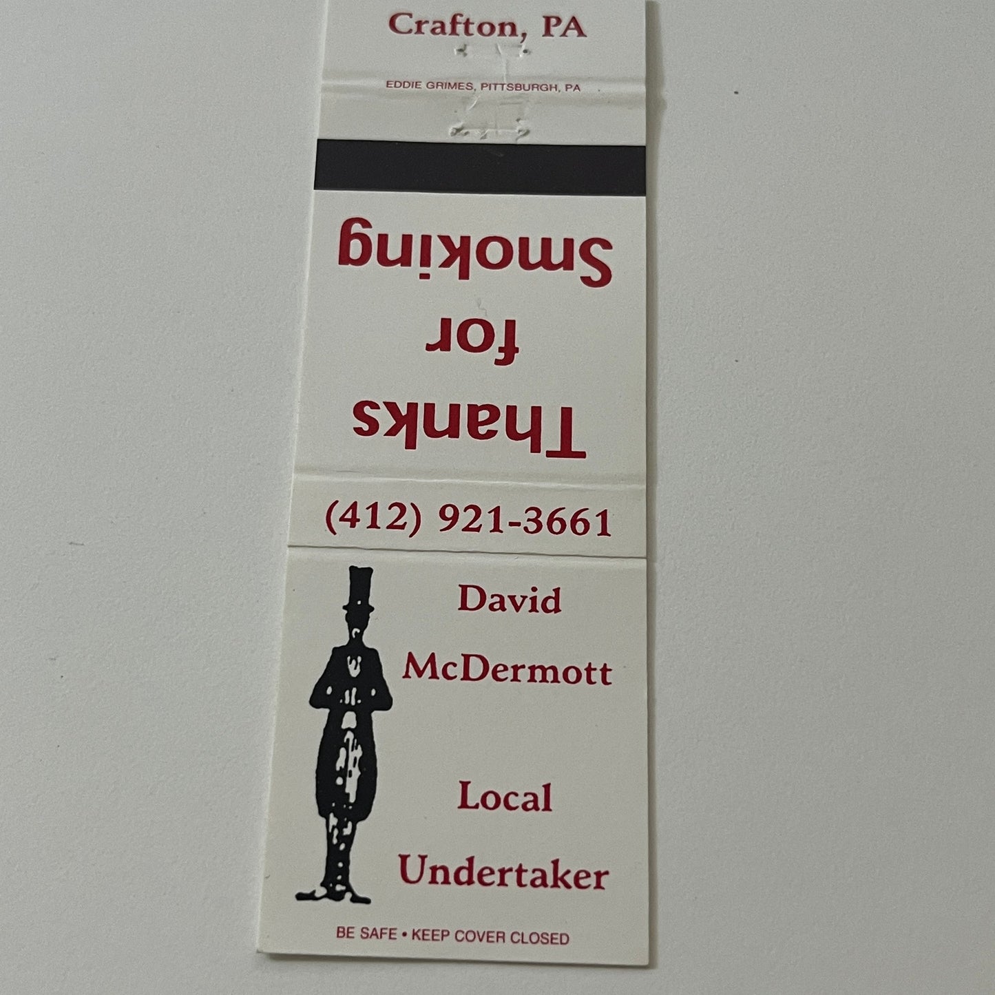 David McDermott Undertaker Thanks for Smoking Crafton PA Matchbook TB6-MB2-5