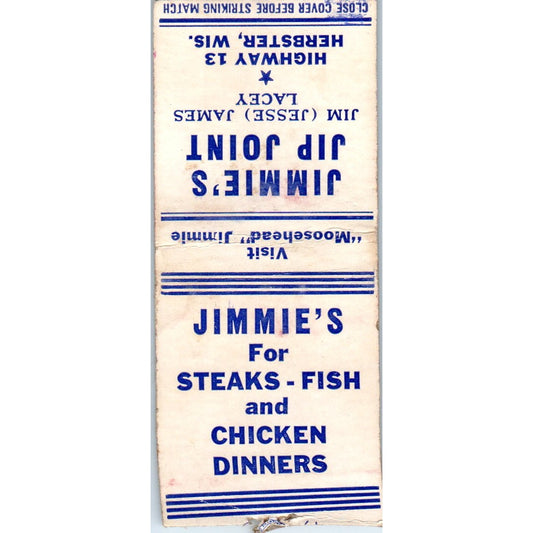 Jimmie's Jip Joint Jim Jesse James Lacey Herbster WI Vintage Matchbook SD4-Y16