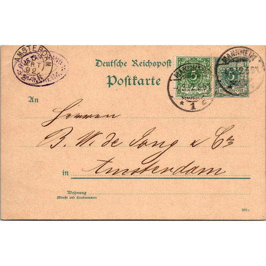 B.W. De Lang Amsterdam Mannheim 1892 German Reich Postcard TE2-GRP