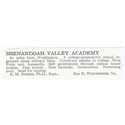 Shenandoah Valley Academy B.M. Roszel Winchester VA c1918 Advertisement AE5-SV4