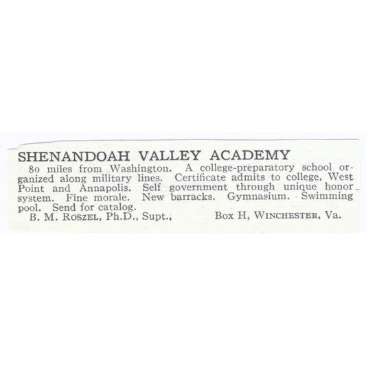 Shenandoah Valley Academy B.M. Roszel Winchester VA c1918 Advertisement AE5-SV4