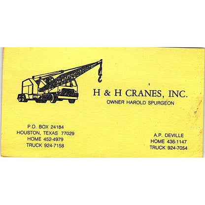 H & H Cranes, Inc. Harold Spurgeon Houston TX Vintage Business Card SSB4-B13