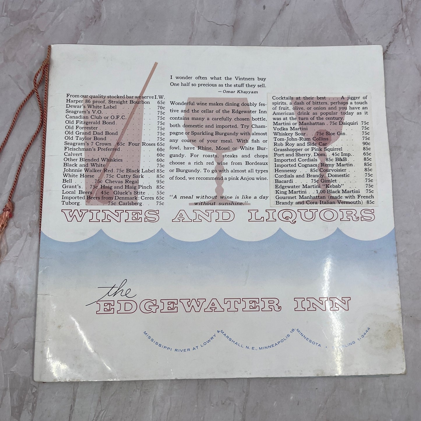 1961 The Edgewater Inn Restaurant Menu Northeast Minneapolis MN FL6-11