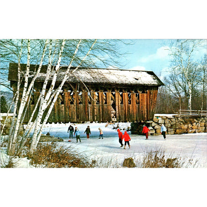 New England Covered Bridge Ice Skating Vintage Covered Bridge Postcard PC12