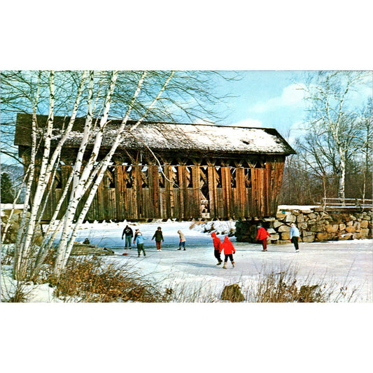 New England Covered Bridge Ice Skating Vintage Covered Bridge Postcard PC12