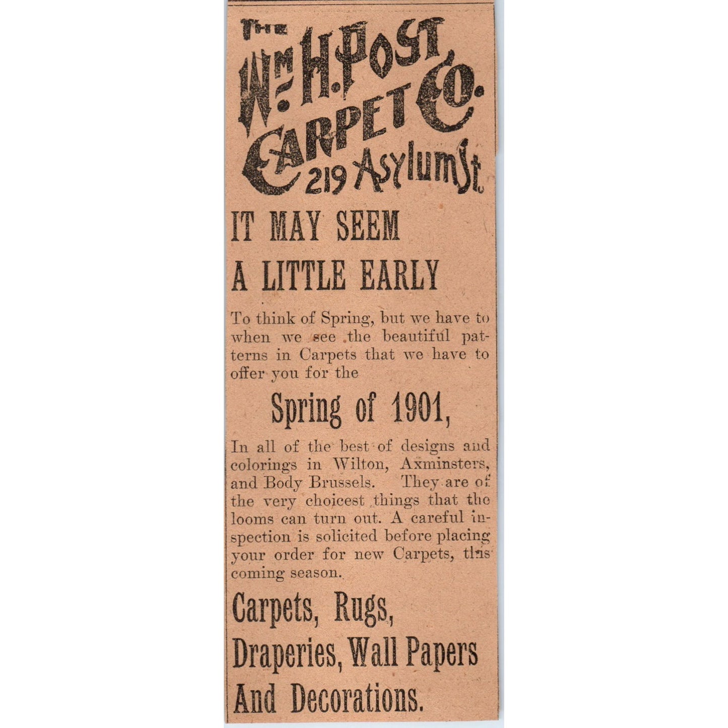 W.H. Post Carpet Co Asylum Street Hartford 1901 Newspaper Ad AD8-H3