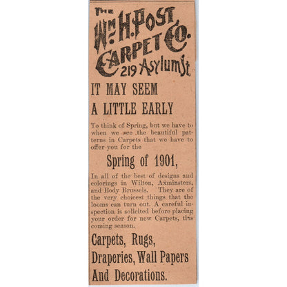 W.H. Post Carpet Co Asylum Street Hartford 1901 Newspaper Ad AD8-H3