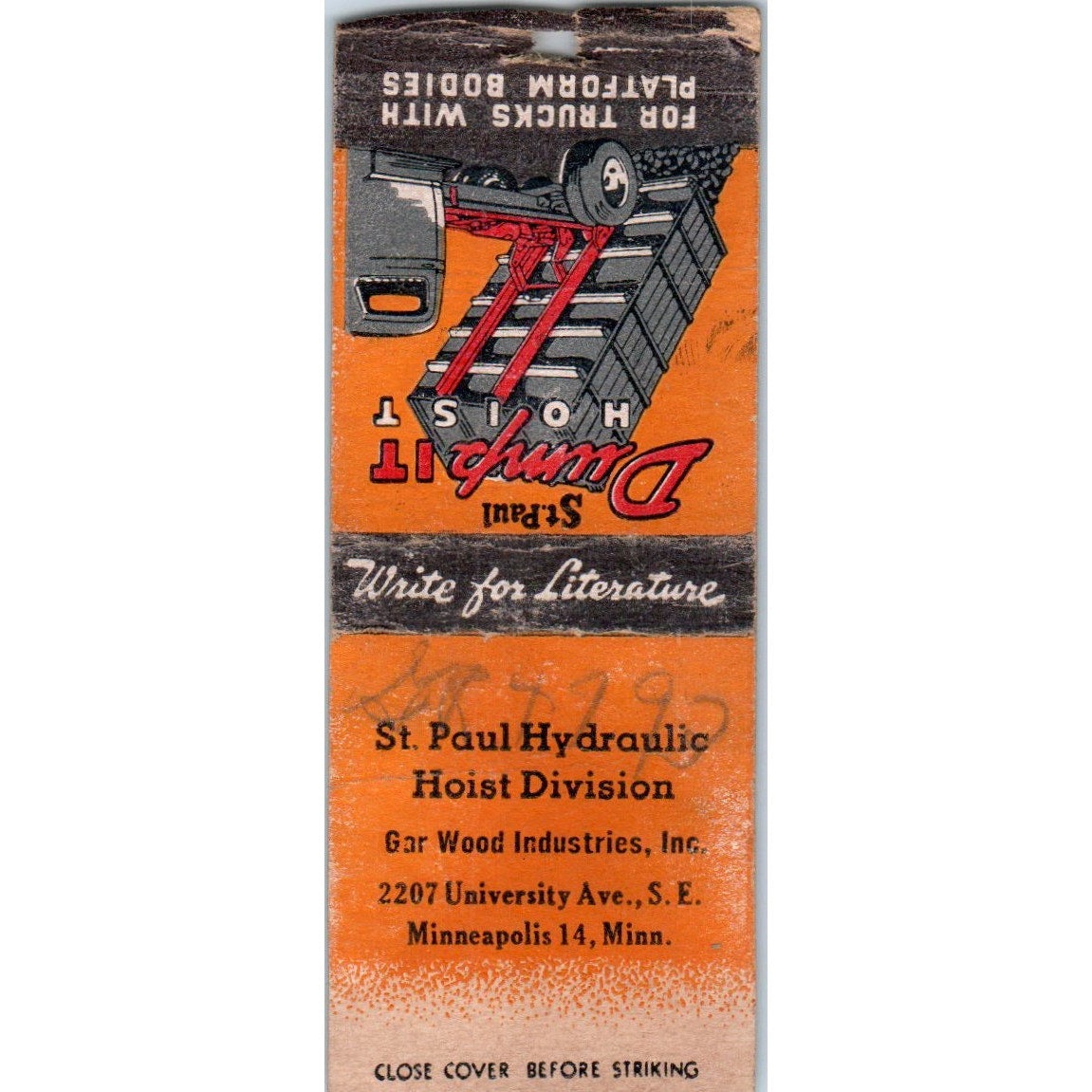 St. Paul Dump It Hoist Hydraulic Hoist Division Vintage Matchbook Cover SD2-Y14