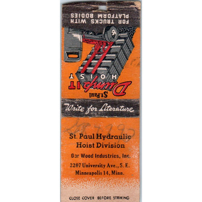 St. Paul Dump It Hoist Hydraulic Hoist Division Vintage Matchbook Cover SD2-Y14