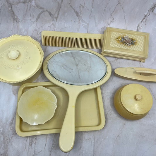 Art Deco Ivory Fiberloid Celluloid Ladies Vanity Set Mirror Powder Jar TE9