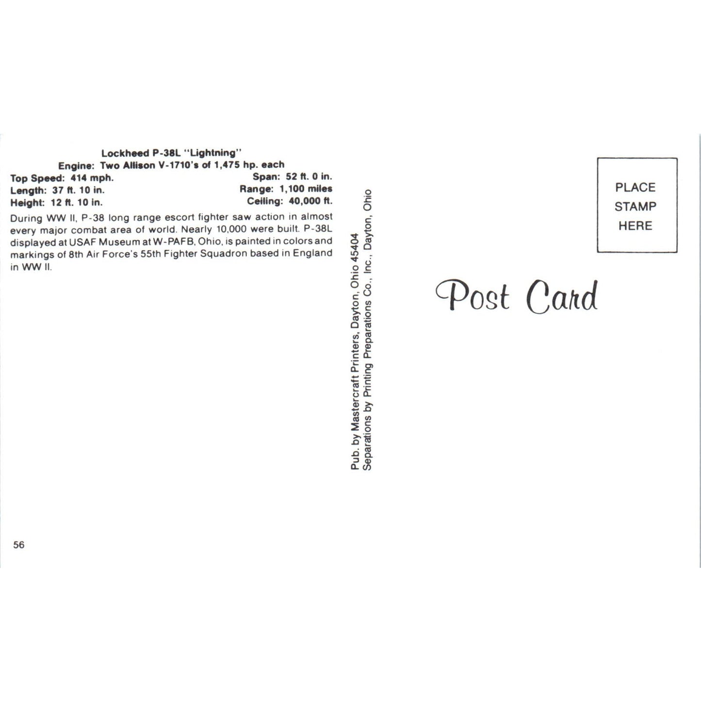 Lockheed P-38L Lightning Vintage Postcard PC19