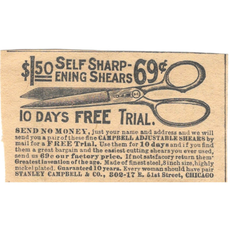 Self Sharpening Shears Stanley Campbell & Co Chicago 1910 Magazine Ad AF1-SS6