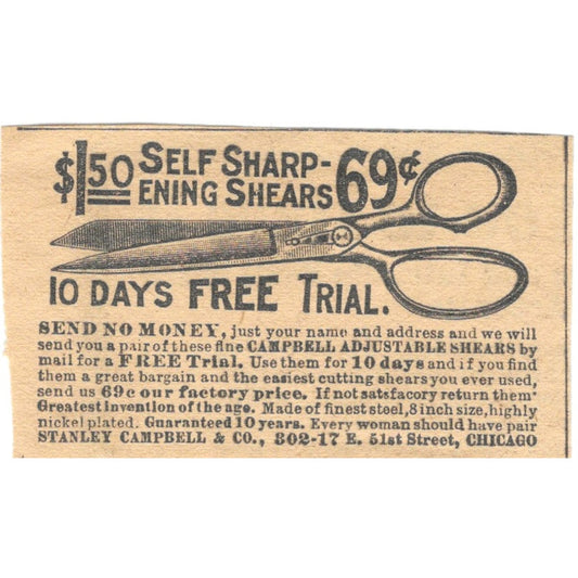 Self Sharpening Shears Stanley Campbell & Co Chicago 1910 Magazine Ad AF1-SS6