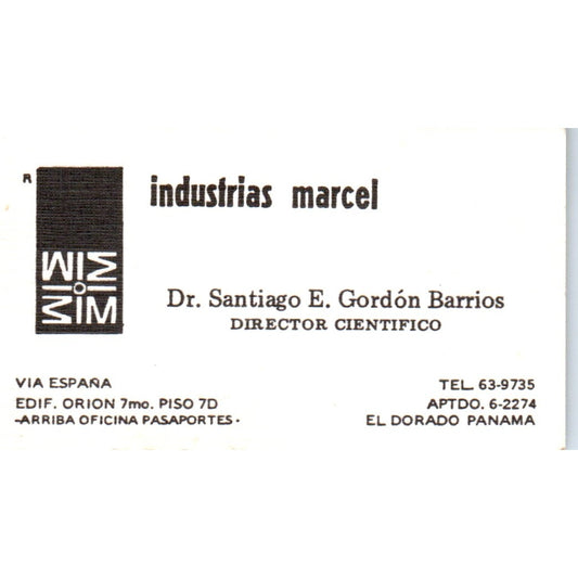 Industrias Marcel Dr. Santiago E. Gordón Barrios El Dorado Business Card SD8-B16