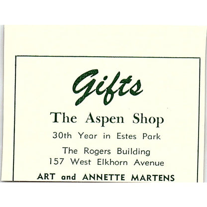 The Aspen Shop Gifts Art & Annette Martens 1957 Estes Park CO Ad AG4-S10