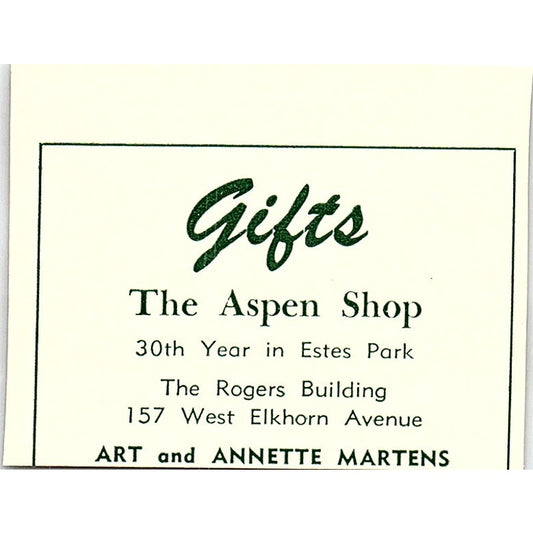 The Aspen Shop Gifts Art & Annette Martens 1957 Estes Park CO Ad AG4-S10