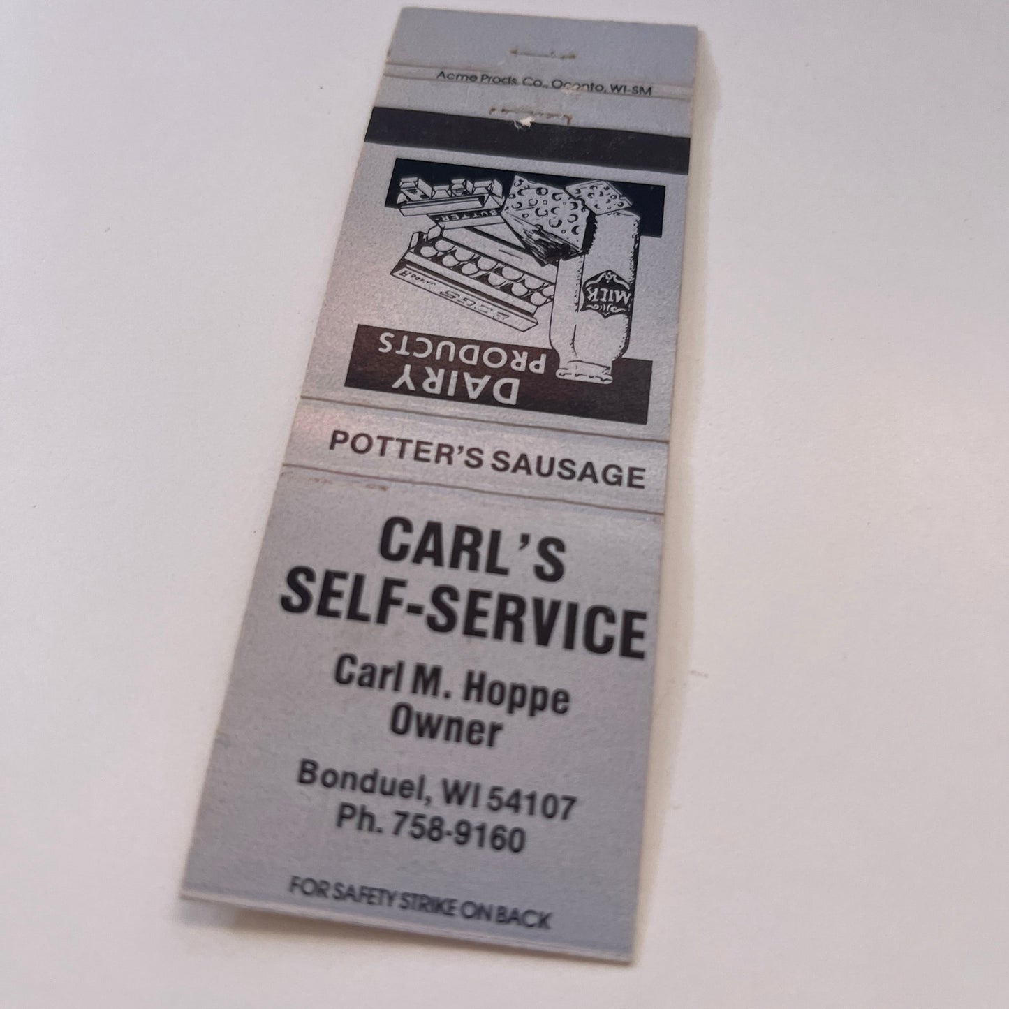 Carl's Self-Service Carl M Hoppe Bonduel WI Vintage Matchbook TB6-MB2-7