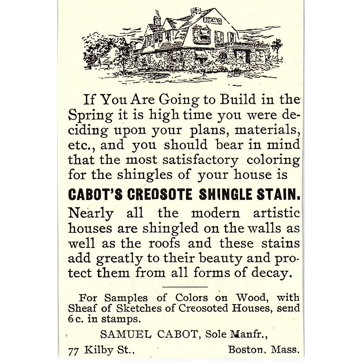 Cabot's Creosote Shingle Stain Samuel Cabot Boston MA 1892 Ad AG2-M11