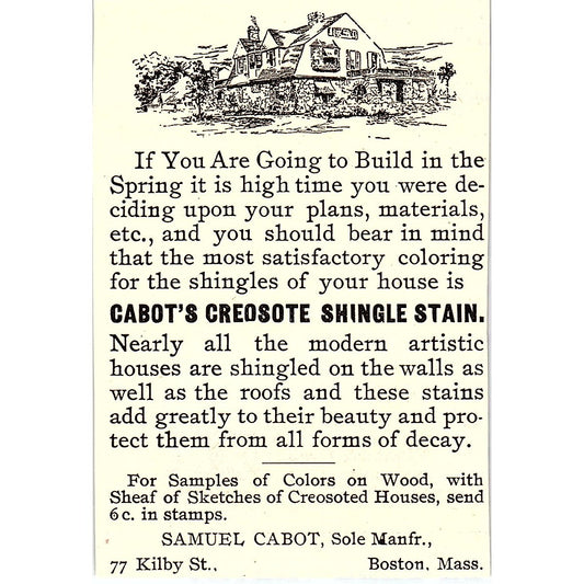 Cabot's Creosote Shingle Stain Samuel Cabot Boston MA 1892 Ad AG2-M11