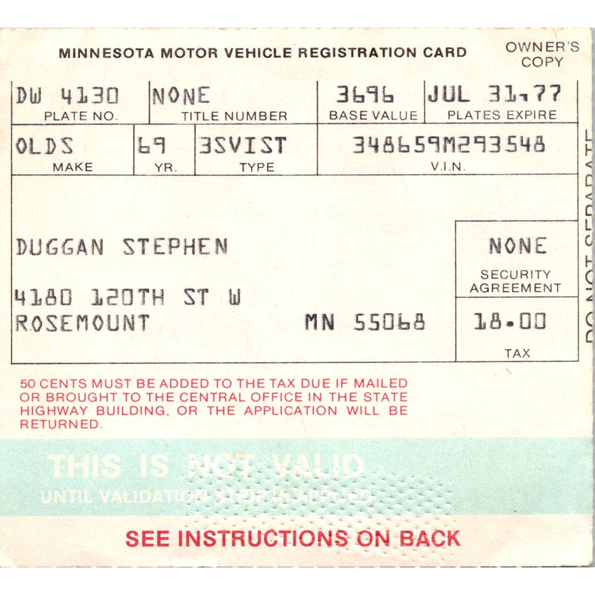 1969 Oldsmobile Registration Stub Rosemount MN 1977 AJ4-M1