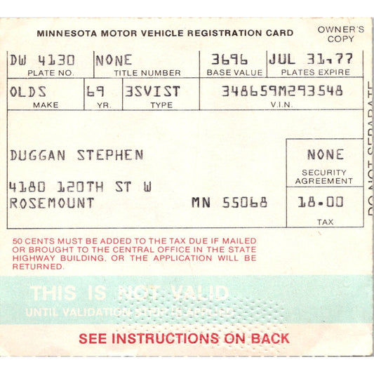 1969 Oldsmobile Registration Stub Rosemount MN 1977 AJ4-M1