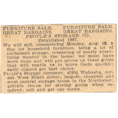 People's Storage Co Furniture Sale St. Paul 1898 Newspaper Ad AF2-S7