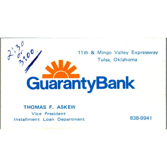 Thomas F. Askew Guaranty Bank Tulsa OK Vintage Business Card SE3-B9