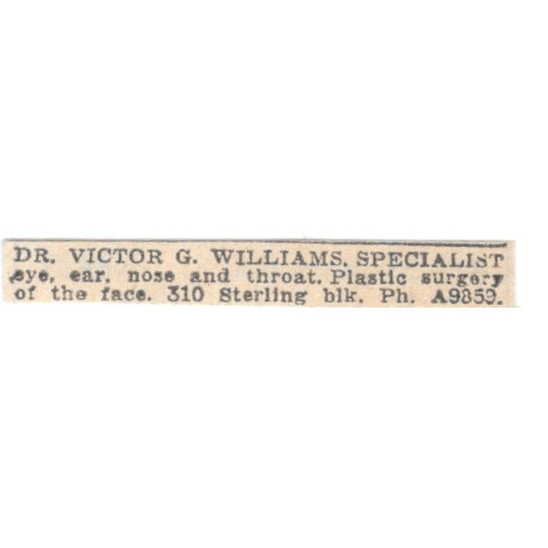 Dr Victor G Williams Plastic Surgery Sterling Block Winnipeg 1920 Ad AG2-S11