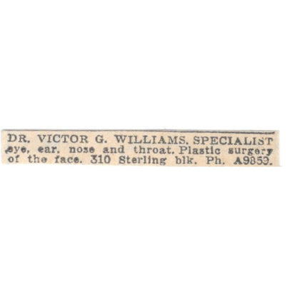 Dr Victor G Williams Plastic Surgery Sterling Block Winnipeg 1920 Ad AG2-S11