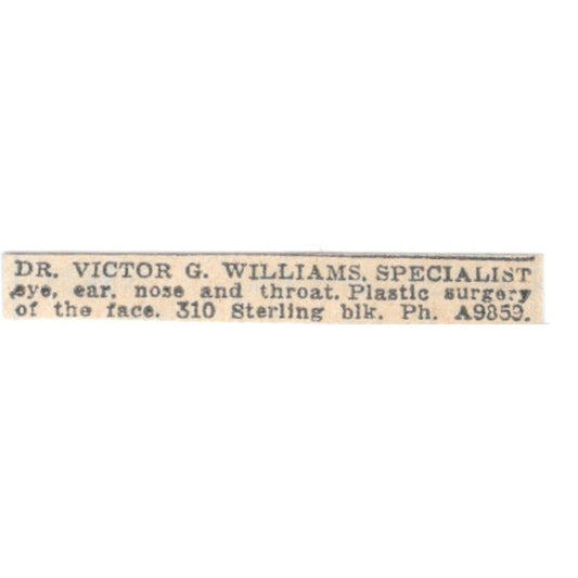 Dr Victor G Williams Plastic Surgery Sterling Block Winnipeg 1920 Ad AG2-S11