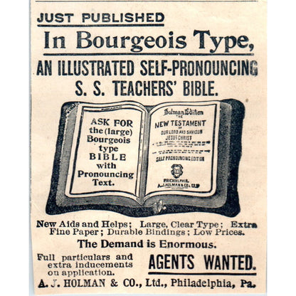 S.S. Teachers Bible Agens Wanted A.J. Holman & Co Philadelphia 1894 Ad AB6-SM2