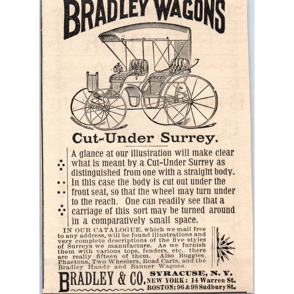 Bradley & Co Cut-Under Surrey Wagons Syracuse NY 1892 Magazine Ad AK6-M1