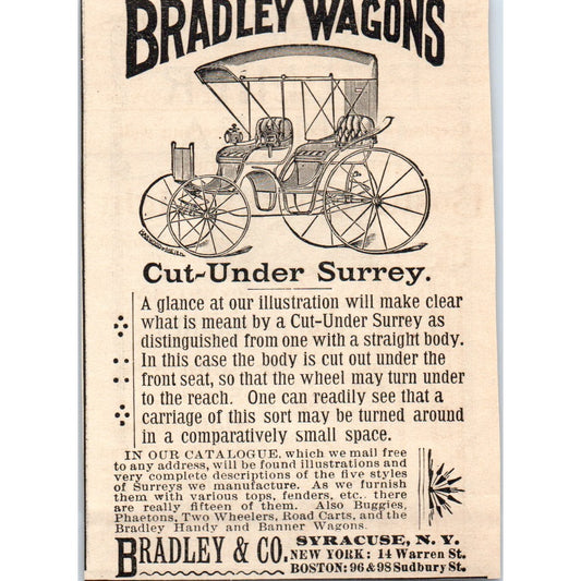 Bradley & Co Cut-Under Surrey Wagons Syracuse NY 1892 Magazine Ad AK6-M1