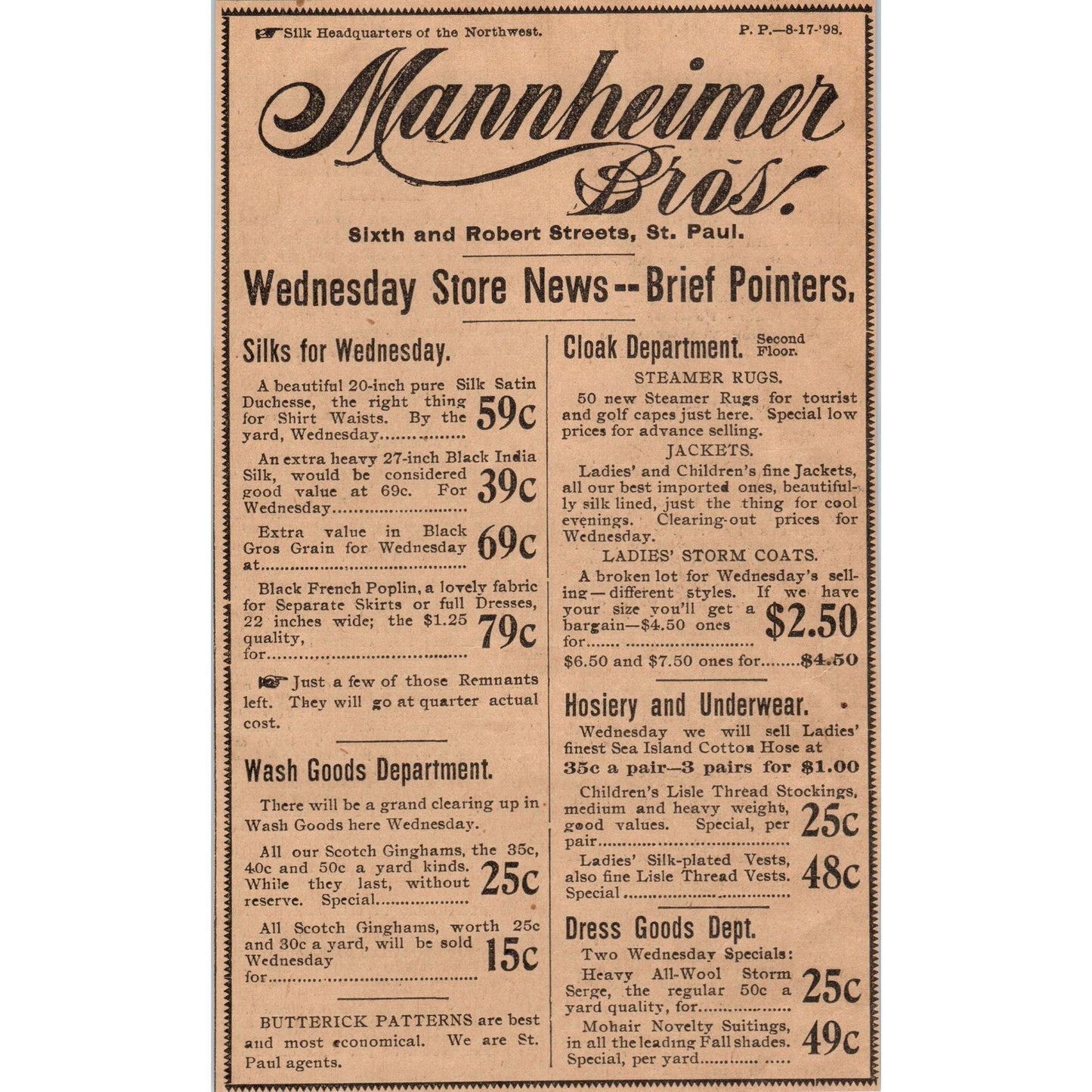 Mannheimer Bros Dept Store Robert Street St. Paul 1898 Newspaper Ad AF2-A2