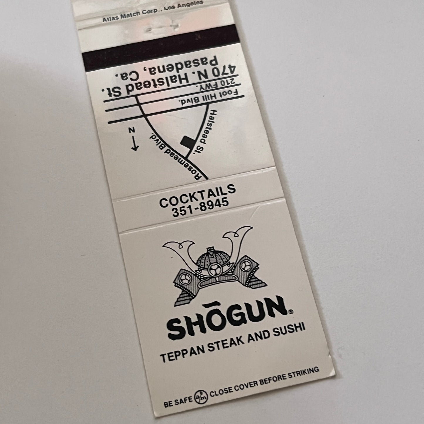 Shogun Teppan Steak and Sushi Pasadena CA Vintage Matchbook Cover TB6-MB2-1