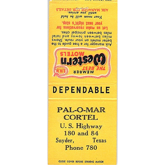 Pal-O-Mar Cortel Snyder TX Vintage Matchbook Cover SF3-Y3