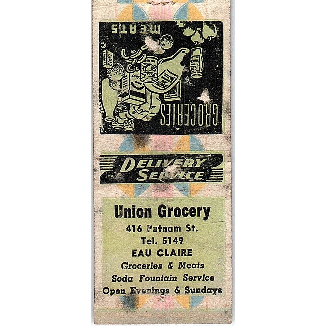 Union Grocery Eau Claire WI Soda Fountain Vintage Matchbook Cover SF3-Y4