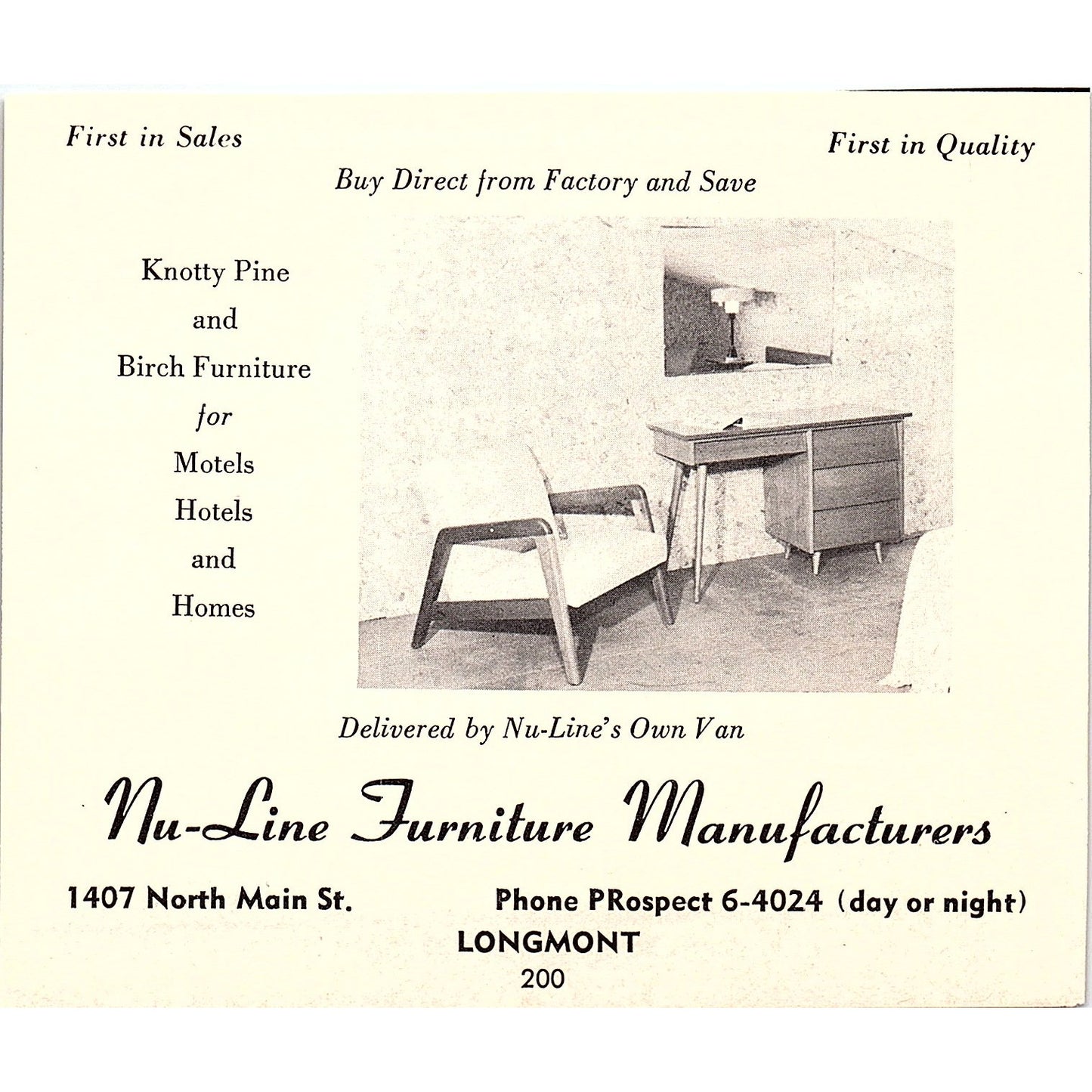Nu-Line Furniture Manufacturers Longmont, Motel Lamar CO 1958 Ad AG1-H2