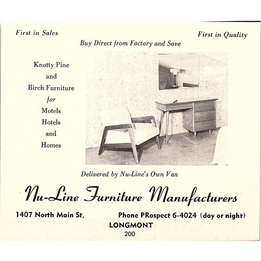 Nu-Line Furniture Manufacturers Longmont, Motel Lamar CO 1958 Ad AG1-H2