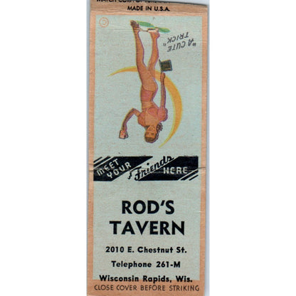 Rod's Tavern Wisconsin Rapids WI Pinup Vintage Matchbook Cover SD2-Y10