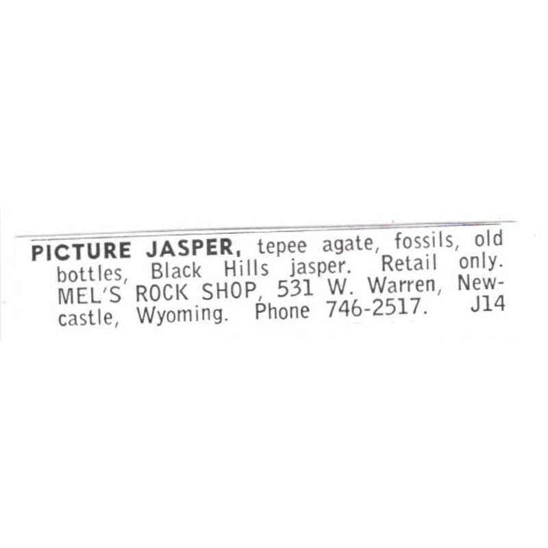 Mel's Rock Shop Picture Jasper Newcastle Wyoming 1972 Ad AF8-S26