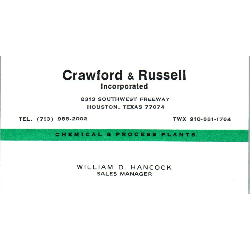 William D Hancock Crawford & Russell Inc Houston Vintage Business Card SE3-B10